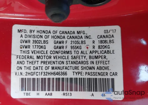 2017 Honda Civic Ex-T from USA, damaged, VIN 2HGFC1F32HH646366